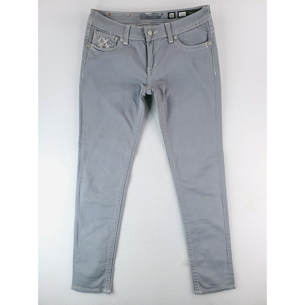 Miss Me Jeans Womens 30 Gray Skinny Flap Pocket Rhinestone Embellished Stretch